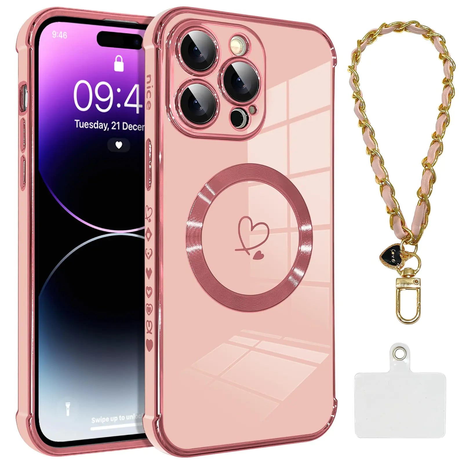 OOK Magnetic Phone Case for iPhone 14 Pro 6.1 Inch [Wireless Charging Compatible] Soft TPU Heart Design Shockproof Protection Electroplated Slim Case with Strap Lanyard - Pink
