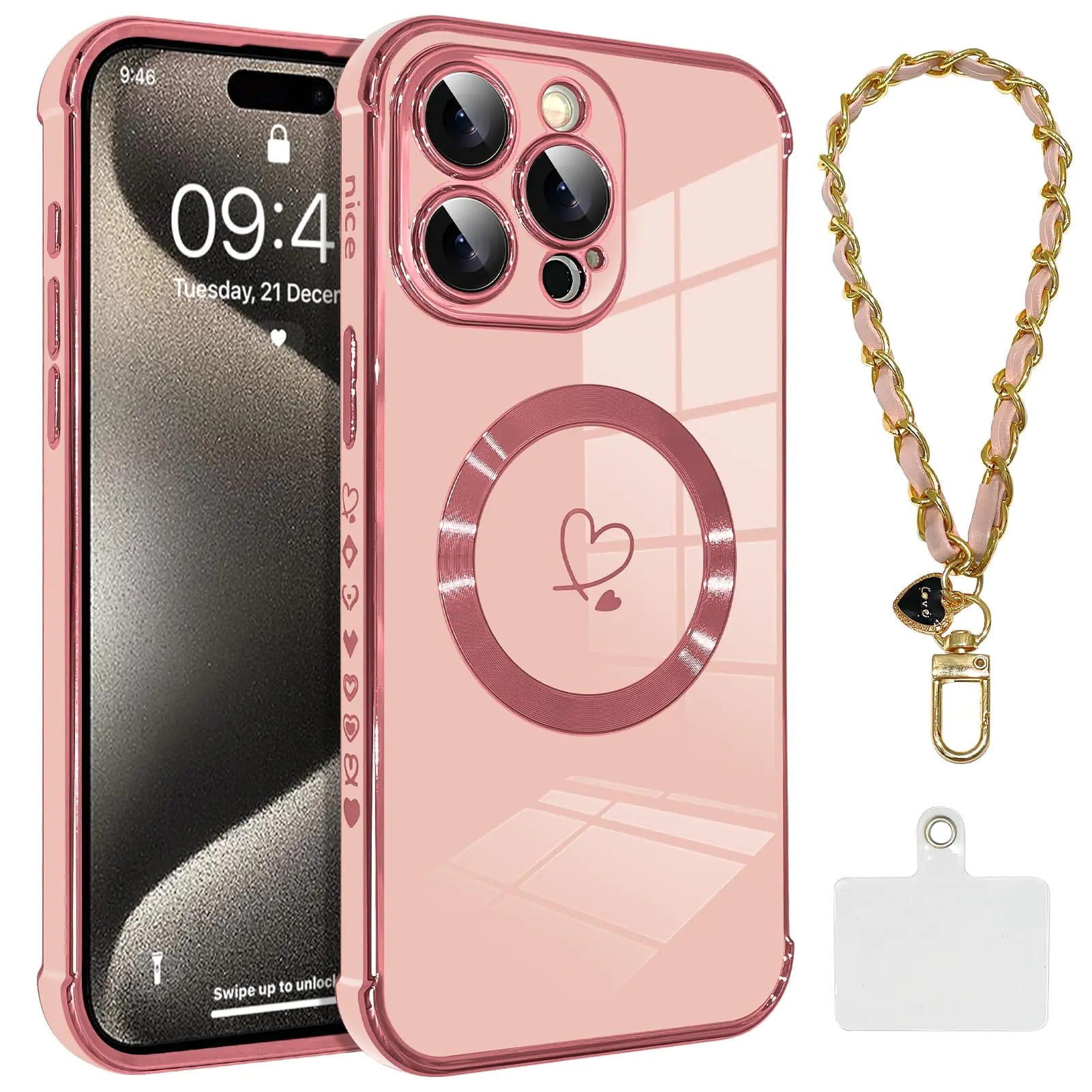 OOK Magnetic Phone Case for iPhone 14 Pro 6.1 Inch [Wireless Charging Compatible] Soft TPU Heart Design Shockproof Protection Electroplated Slim Case with Strap Lanyard - Pink