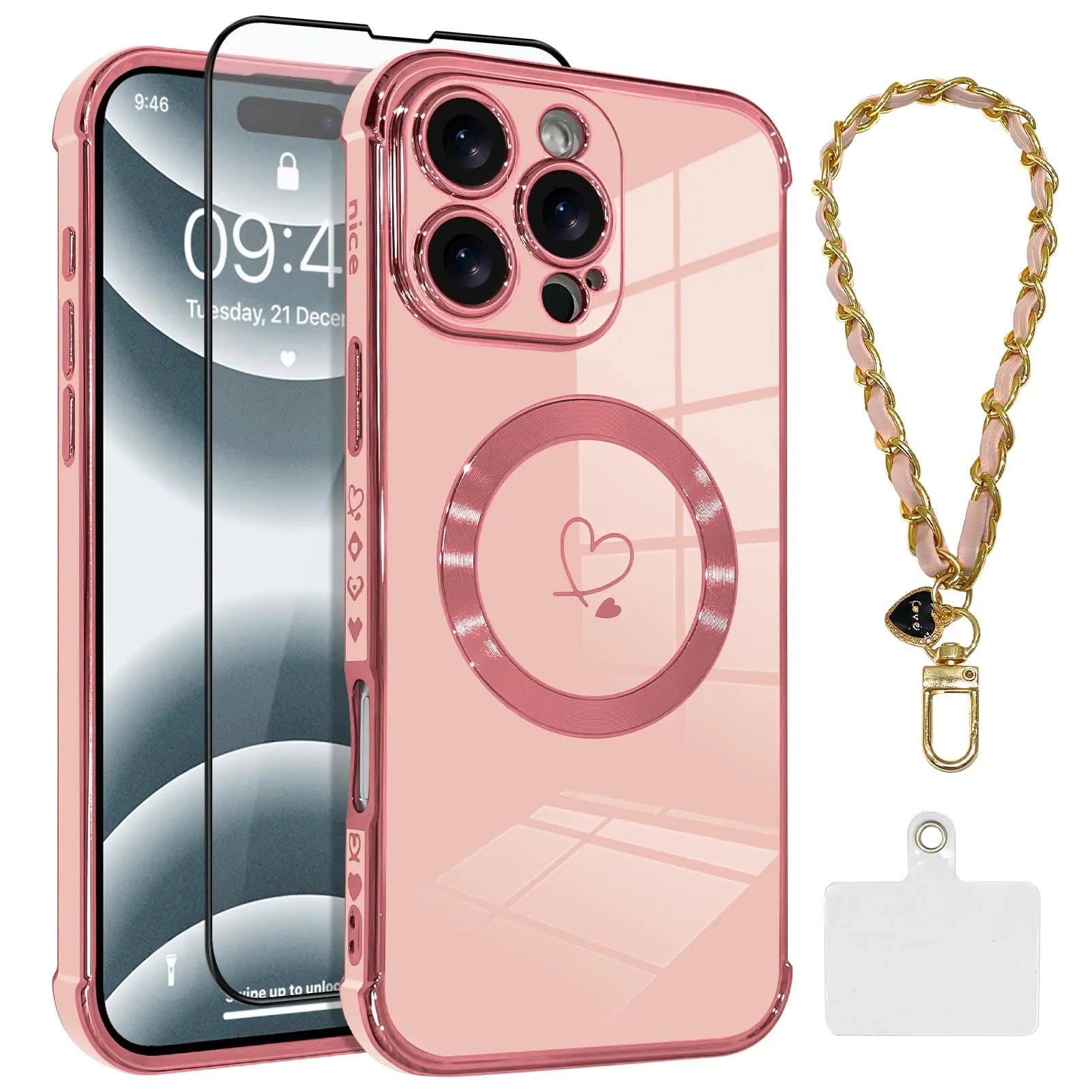 OOK Magnetic Phone Case for iPhone 14 Pro 6.1 Inch [Wireless Charging Compatible] Soft TPU Heart Design Shockproof Protection Electroplated Slim Case with Strap Lanyard - Pink