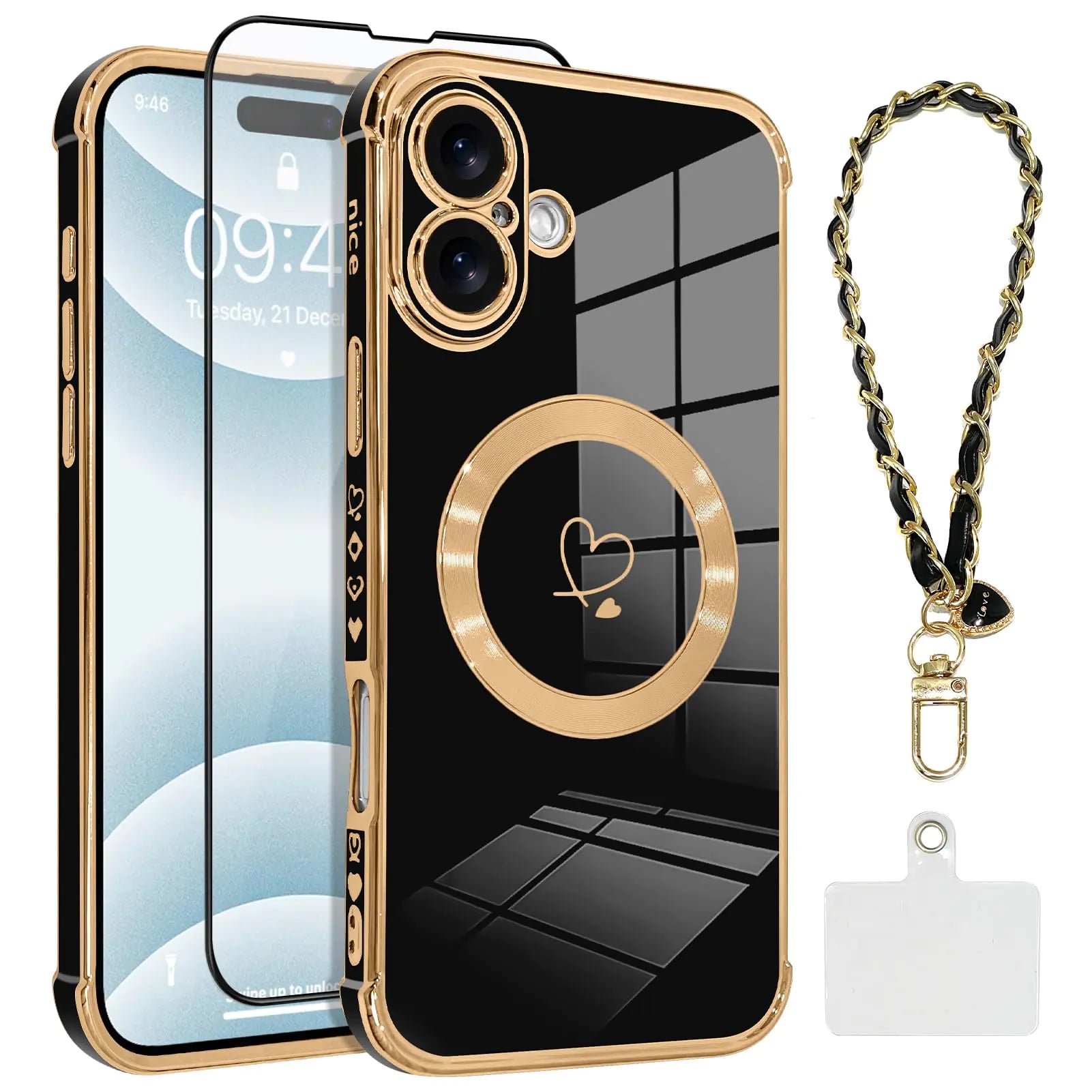 OOK Magnetic Phone Case for iPhone 14 Pro 6.1 Inch [Wireless Charging Compatible] Soft TPU Heart Design Shockproof Protection Electroplated Slim Case with Strap Lanyard - Pink
