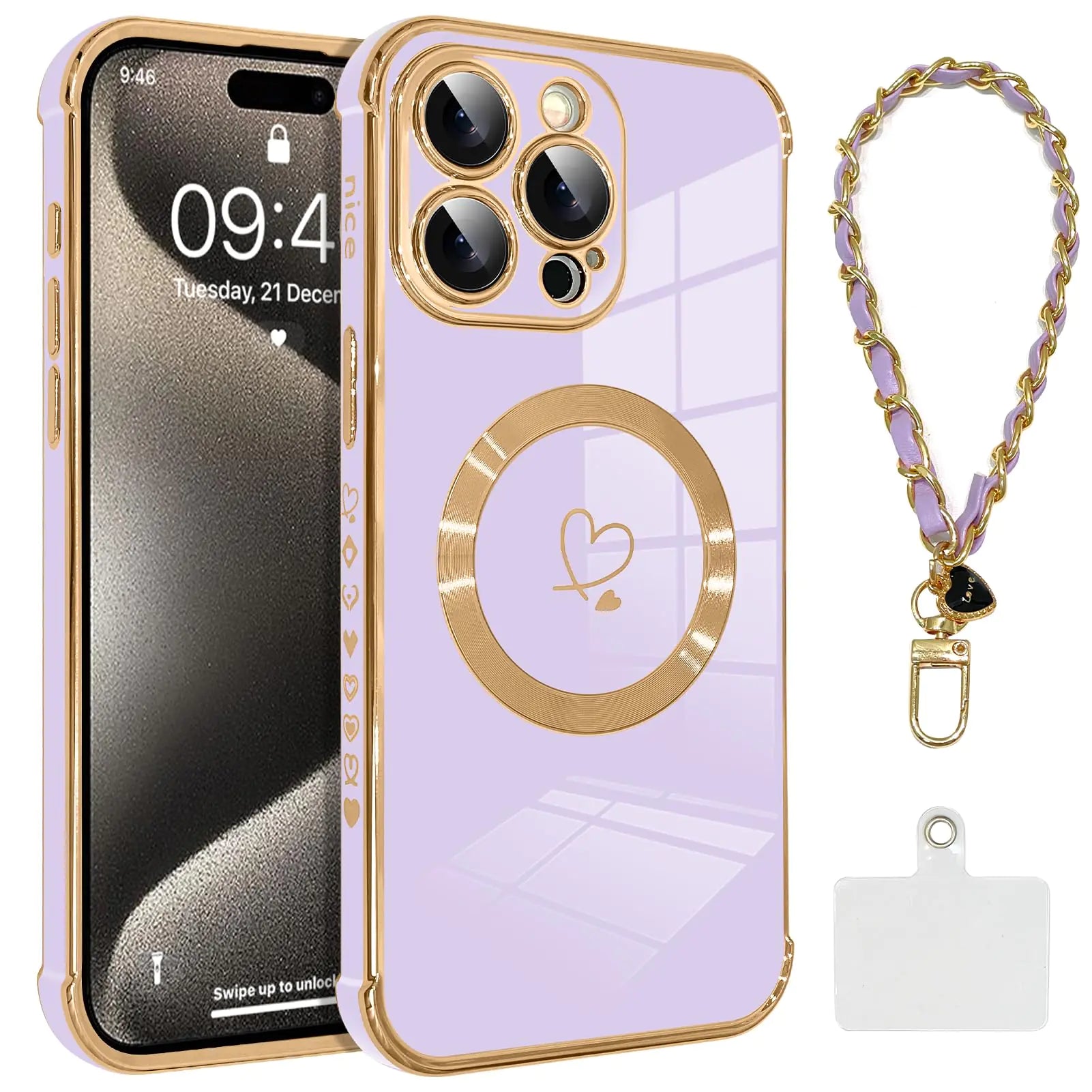 OOK Magnetic Phone Case for iPhone 14 Pro 6.1 Inch [Wireless Charging Compatible] Soft TPU Heart Design Shockproof Protection Electroplated Slim Case with Strap Lanyard - Pink