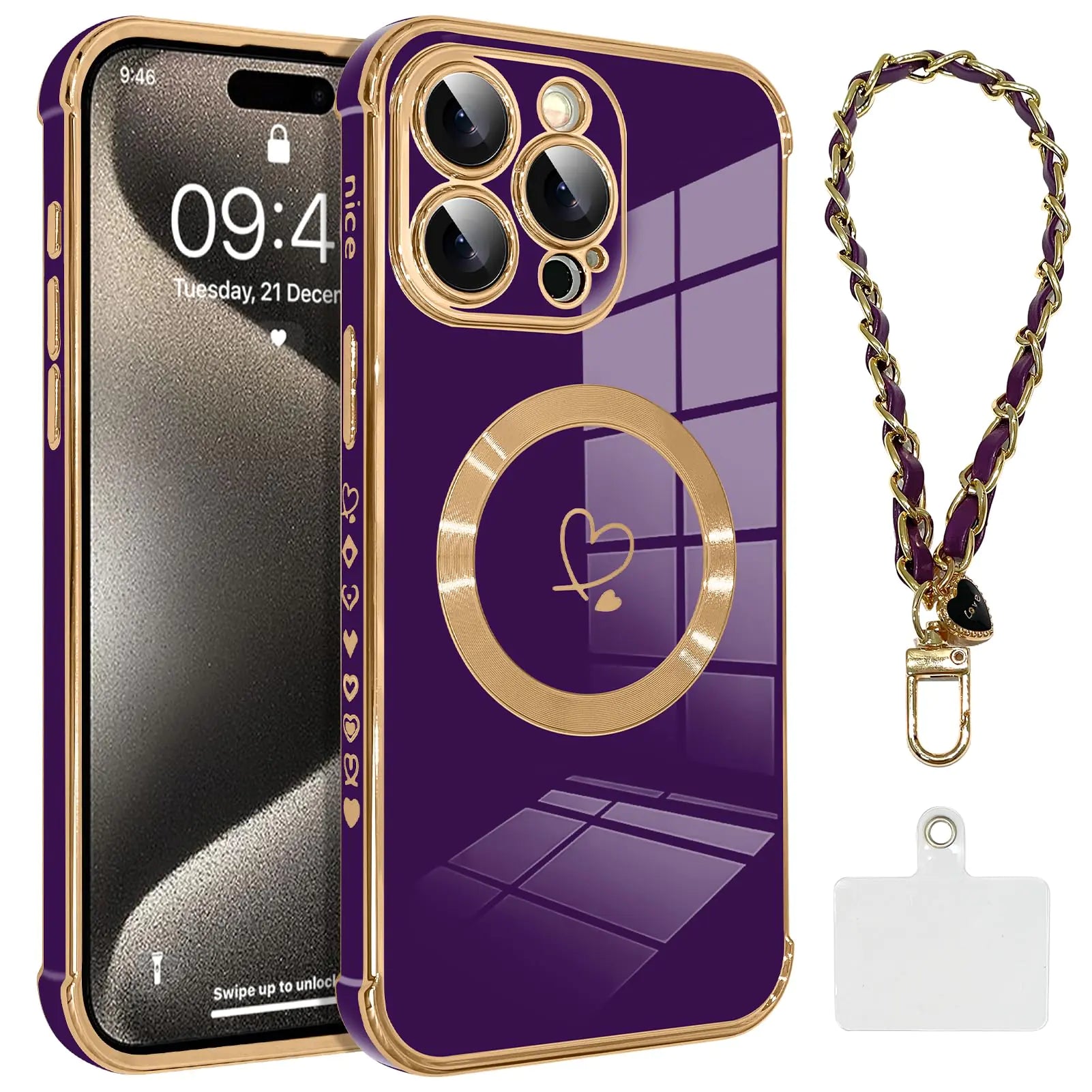 OOK Magnetic Phone Case for iPhone 14 Pro 6.1 Inch [Wireless Charging Compatible] Soft TPU Heart Design Shockproof Protection Electroplated Slim Case with Strap Lanyard - Pink