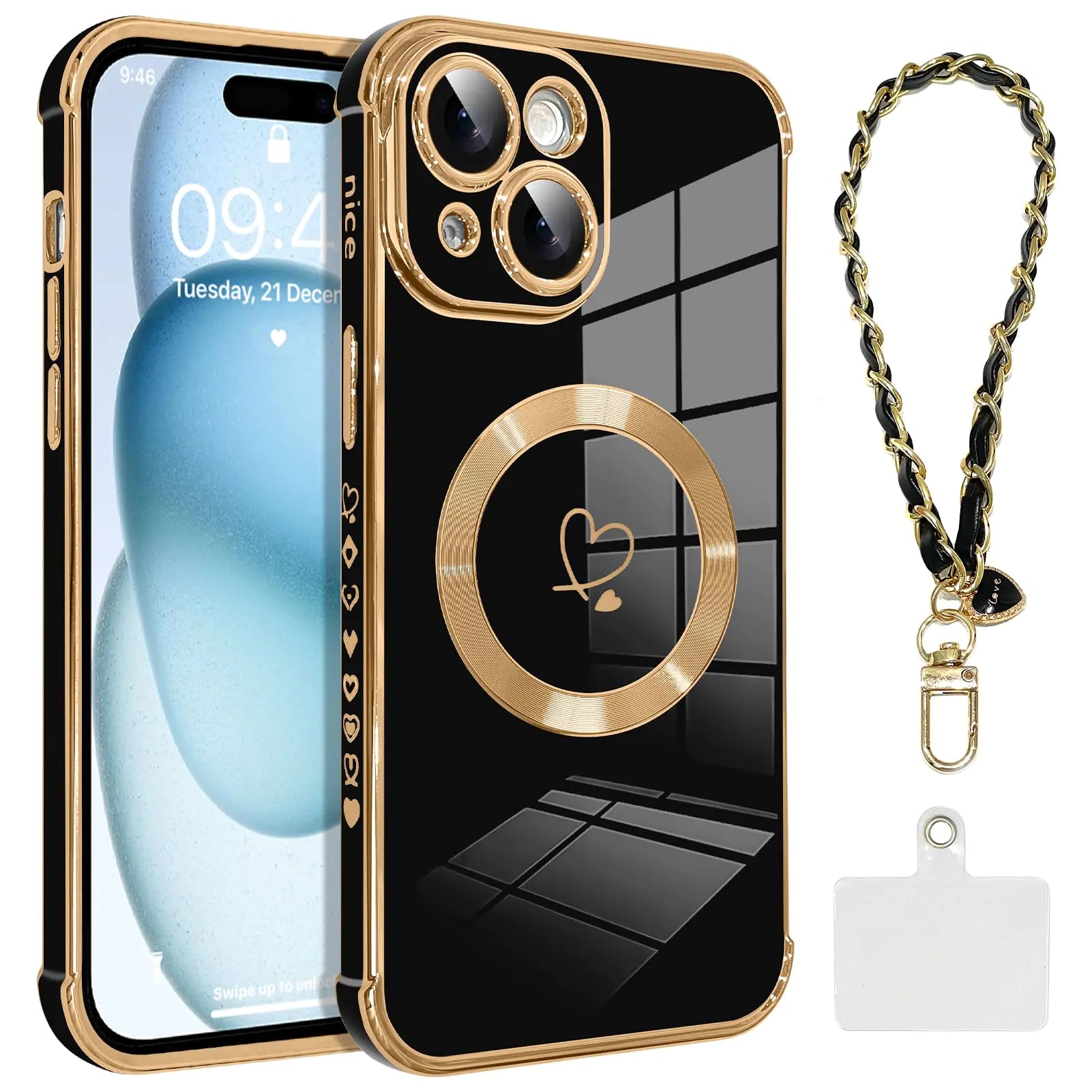 OOK Magnetic Phone Case for iPhone 14 Pro 6.1 Inch [Wireless Charging Compatible] Soft TPU Heart Design Shockproof Protection Electroplated Slim Case with Strap Lanyard - Pink