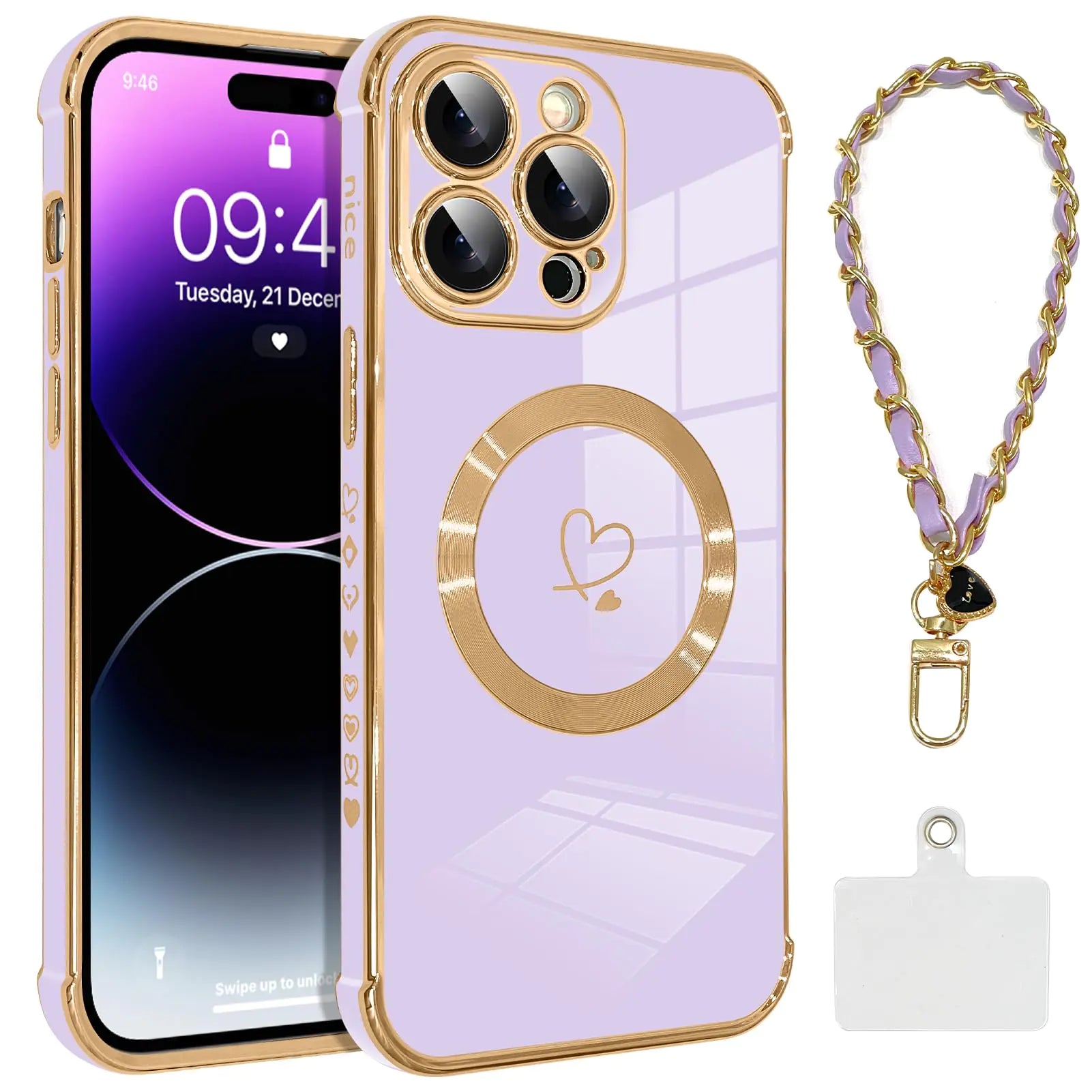 OOK Magnetic Phone Case for iPhone 14 Pro 6.1 Inch [Wireless Charging Compatible] Soft TPU Heart Design Shockproof Protection Electroplated Slim Case with Strap Lanyard - Pink