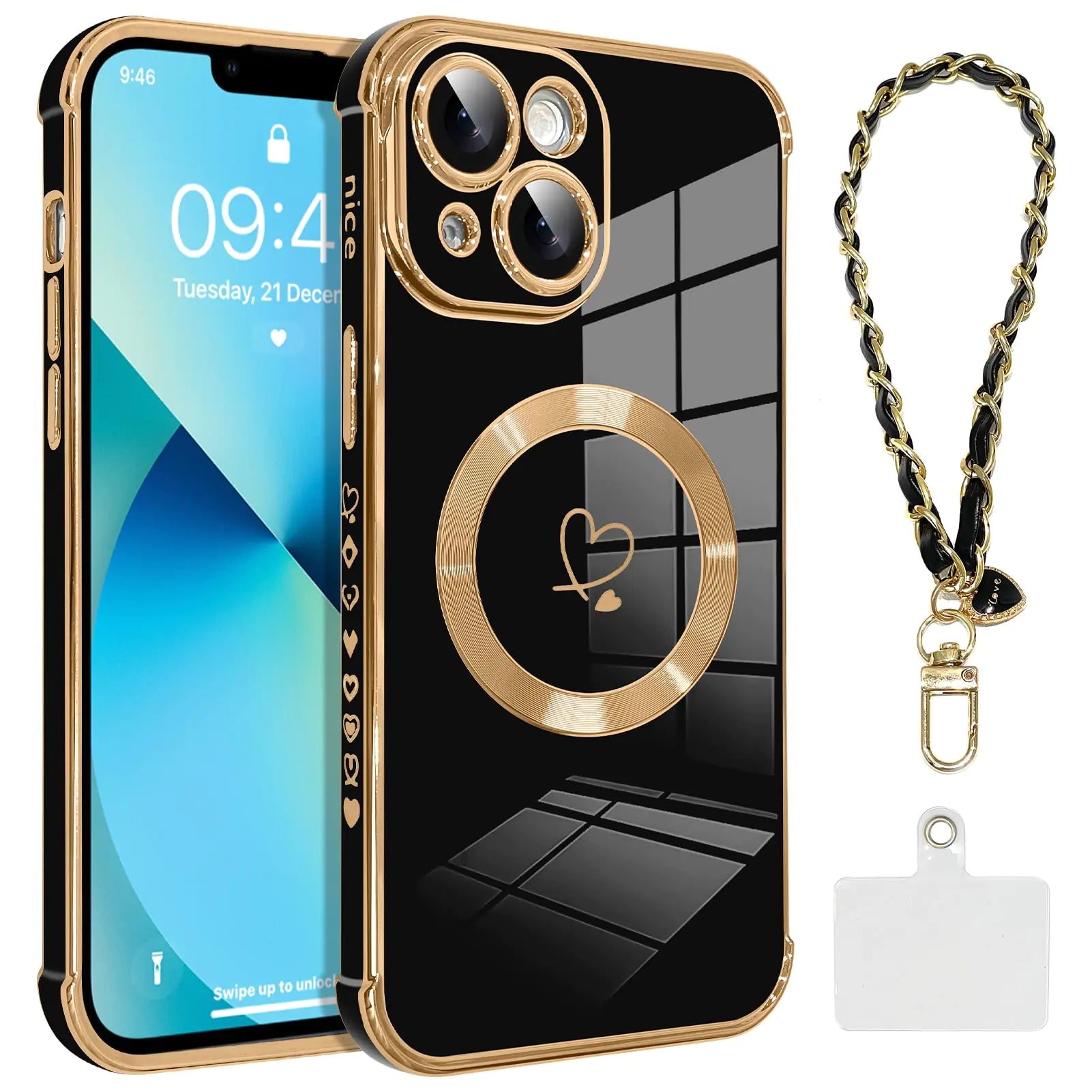 OOK Magnetic Phone Case for iPhone 14 Pro 6.1 Inch [Wireless Charging Compatible] Soft TPU Heart Design Shockproof Protection Electroplated Slim Case with Strap Lanyard - Pink