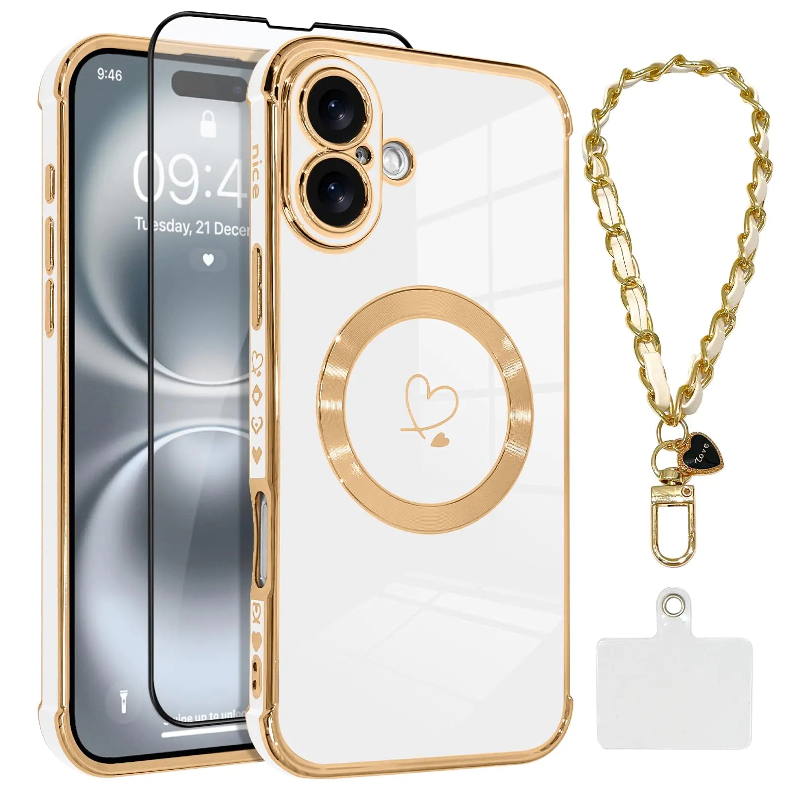 OOK Magnetic Phone Case for iPhone 14 Pro 6.1 Inch [Wireless Charging Compatible] Soft TPU Heart Design Shockproof Protection Electroplated Slim Case with Strap Lanyard - Pink