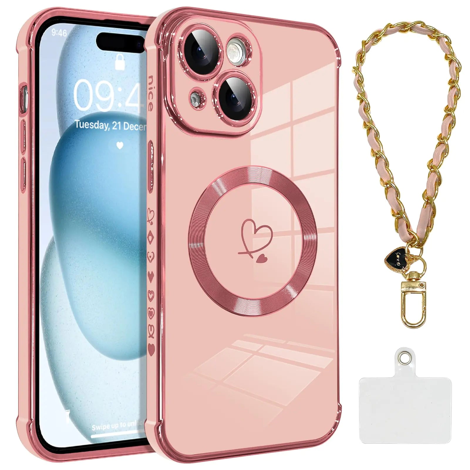 OOK Magnetic Phone Case for iPhone 14 Pro 6.1 Inch [Wireless Charging Compatible] Soft TPU Heart Design Shockproof Protection Electroplated Slim Case with Strap Lanyard - Pink
